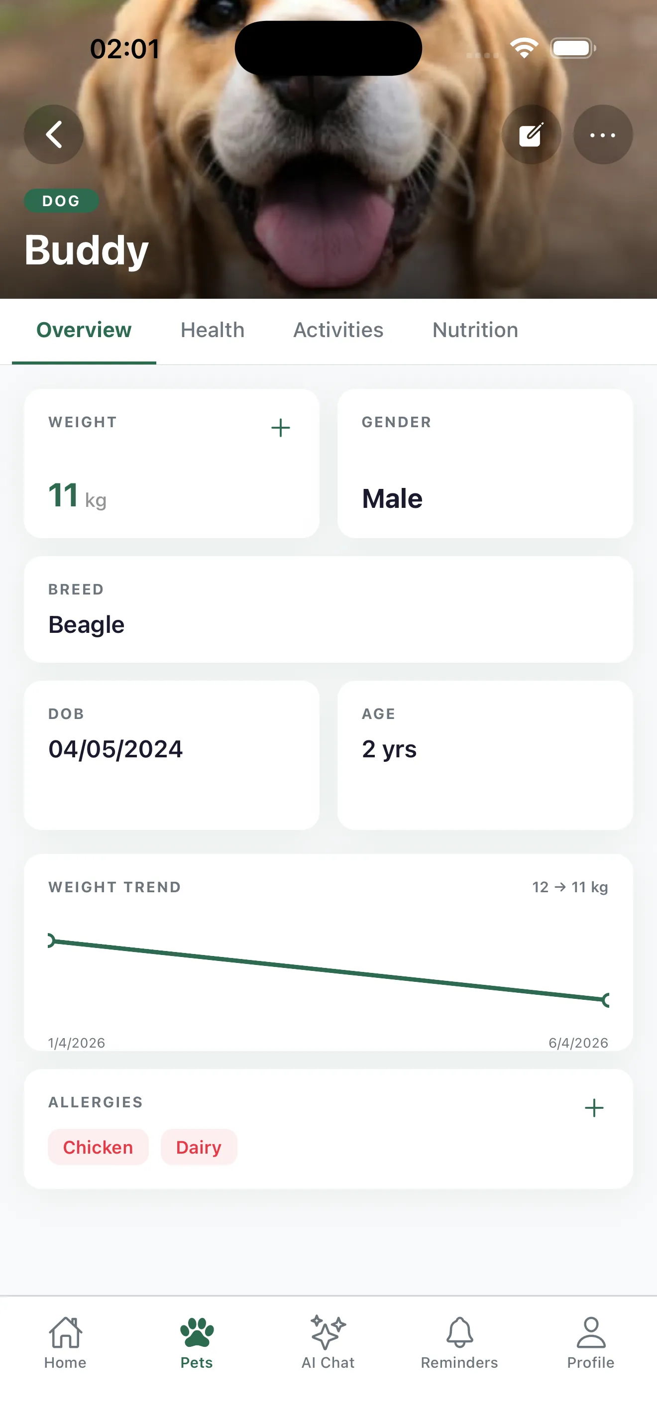 MaunaPet pet profile tracking weight, breed, and medical conditions