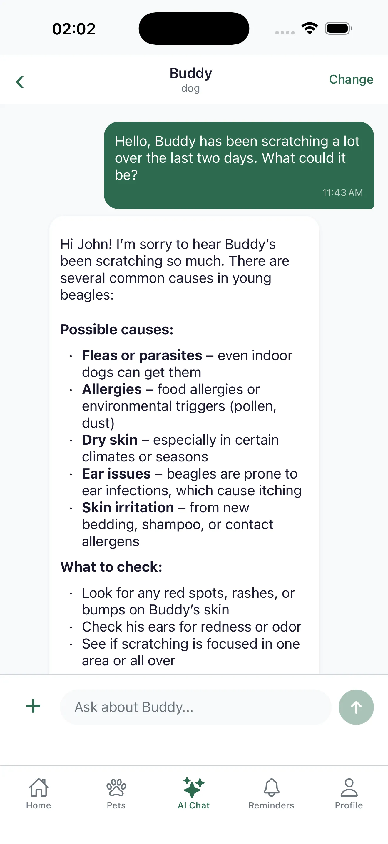 MaunaPet AI assistant chat providing contextual pet care guidance